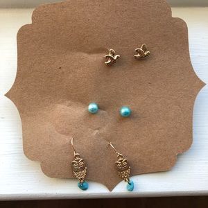 Gold Tone Owl Dove Faux Turquoise Earring Set